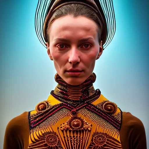 Image similar to Colour Caravaggio and Dune by denis villeneuve style full body Photography of Highly detailed beautiful Woman with 1000 years detailed face and wearing detailed Ukrainian folk costume designed by Taras Shevchenko also wearing highly detailed retrofuturistic sci-fi Neural interface designed by Josan Gonzalez. Many details In style of Josan Gonzalez and Mike Winkelmann and andgreg rutkowski and alphonse muchaand and Caspar David Friedrich and Stephen Hickman and James Gurney and Hiromasa Ogura. Rendered in Blender and Octane Render volumetric natural light