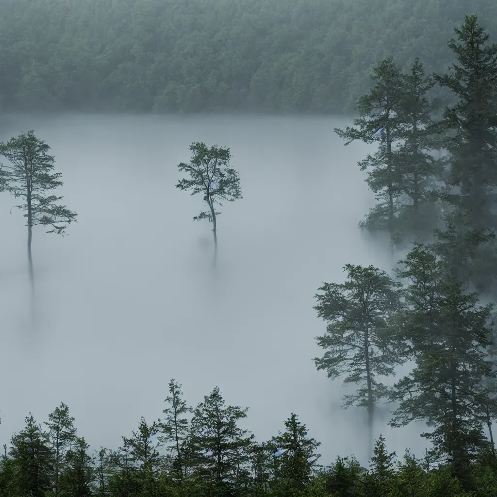 Prompt: evening, mist over the lake in the forest