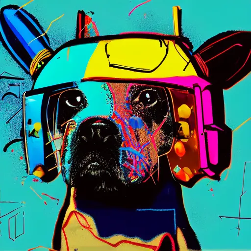 Image similar to illustration of cyberpunk puppy in vr helmet, colorful splatters, by andy warhol and by zac retz and by kezie demessance