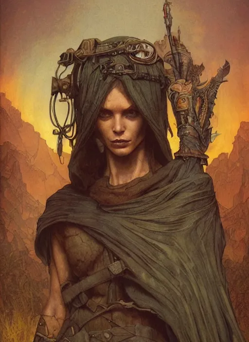 Prompt: hyper realistic photography portrait of postapocalyptic medieval religious occult amazon cinematic, brom, moebius, juan gimenez, peter mohrbacher, mucha, leonardo da vinci