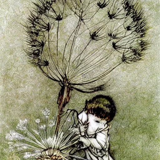 Image similar to a beautiful fairytale painting of a dandelion seed that is also a fluffy fairy. the dandelion seed is the body of the fairy. beautiful clear painting by arthur rackham