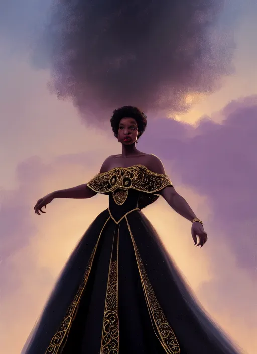 Image similar to full body portrait of young black woman as a princess, beautiful long flowing gown, intricate, beautiful gleaming jewels, highly detailed, digital painting, artstation, concept art, smooth, sharp focus, illustration, art by wlop, mars ravelo and greg rutkowski