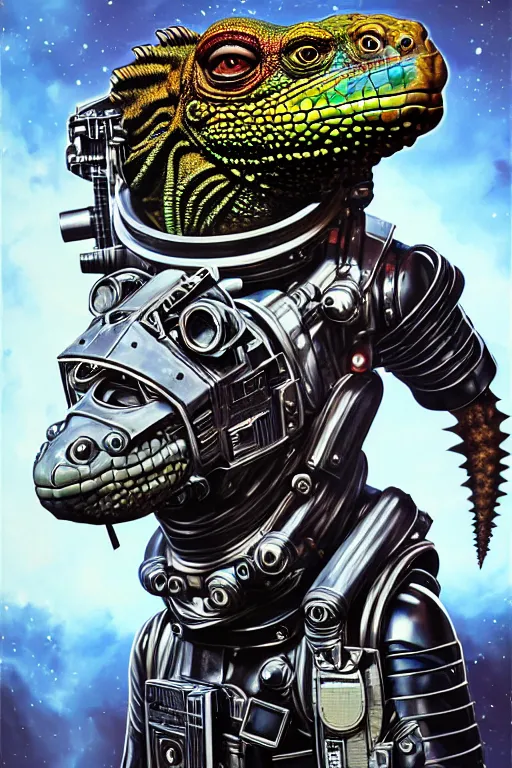 Image similar to a portrait of a muscular anthropomorphic cyberpunk iguana! space mechanic in spacesuit armor with a large head by sandra chevrier, by jon foster, detailed render, pistol in holster, tape deck, epic composition, cybernetics, 4 k realistic, cryengine, realistic shaded lighting, sharp focus, masterpiece, by enki bilal