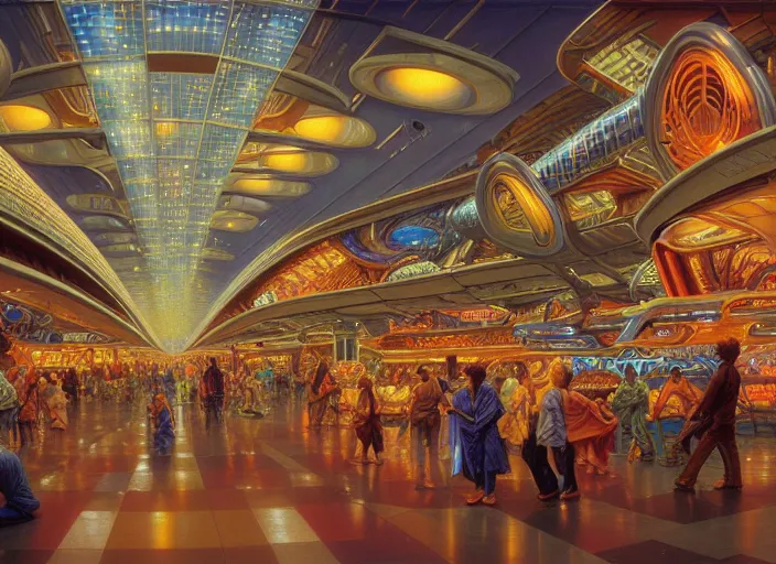 Prompt: futuristic shopping mall, tim hildebrandt, intricate, elegant, sharp focus, illustration, art by artgerm, bob eggleton, michael whelan, stephen hickman, richard corben, wayne barlowe beautiful psychedelic dmt lighting, hyper detailed, 8 k, oil on canvas 8 k