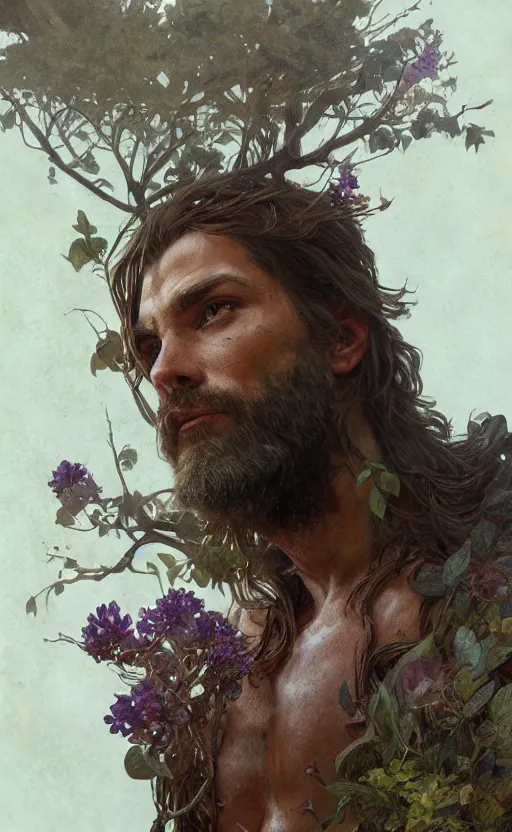 Image similar to god of the forest, 3 0 years old, rugged, handsome, male, detailed face, clean lines, atmospheric lighting, amazing, full body, flowers, muscular, intricate, highly detailed, digital painting, artstation, concept art, sharp focus, illustration, art by greg rutkowski and alphonse mucha