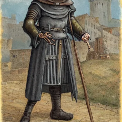 Image similar to fantasy art of an old, world weary medieval guard in the city watch, wearing a grey coat, wearing hobnail boots, wearing a kettle helm and walking down a cobbled road in a small medieval town