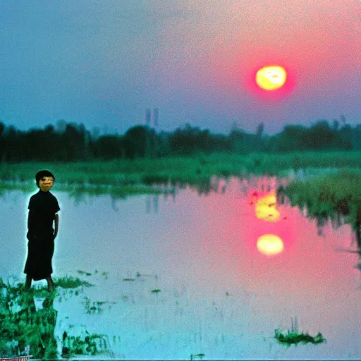 Prompt: Movie scene photography of a 10 years old boy playing in the dirty swamp, by tarkovsky, wong kar wai photography, sunset, monet pastel ambient