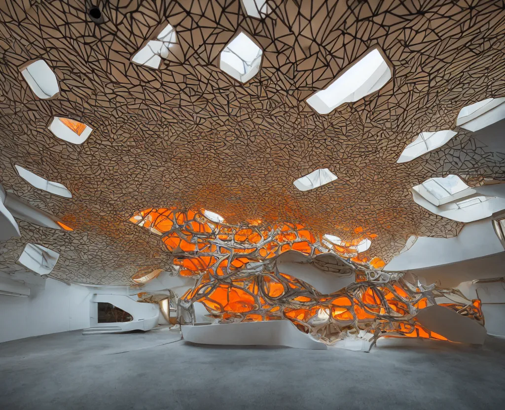 Image similar to photo of the exterior of a futuristic organic japanese house, dramatic lighting, smoke, ceiling fluorescent lighting, black and orange colour palette