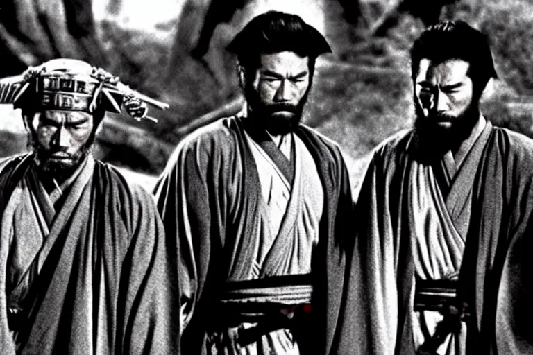 Image similar to clint eastwood and toshiro mifune as a ronin samurai brothers, in robes, in the movie seven samurai ( 1 9 5 4 ). grainy movie still, high detail