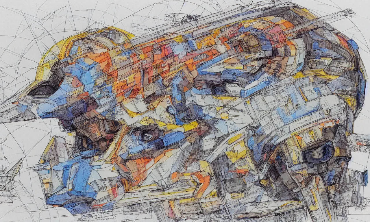 Image similar to annotated highly - detailed and intricate 4 5 degree isometric cross - section of kelsey grammer's head + colored marker concept art style rendering + half blueprint + tetrachromacy + john berkey + vincent di fate + ralph mcquarrie + center frame : : annotations : : crane : : - 1