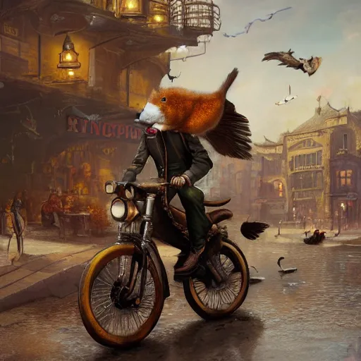 Image similar to oil painting of hamster riding giant duck, steampunk clothes, steampunk city background, sharp focus, fantasy style, octane render, volumetric lighting, 8k high definition, by greg rutkowski, highly detailed, trending on art Station, explosions, centered