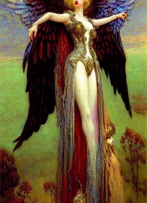 Image similar to vertical prtrait of an angel knight gothic girl, baroque dress. by gaston bussiere
