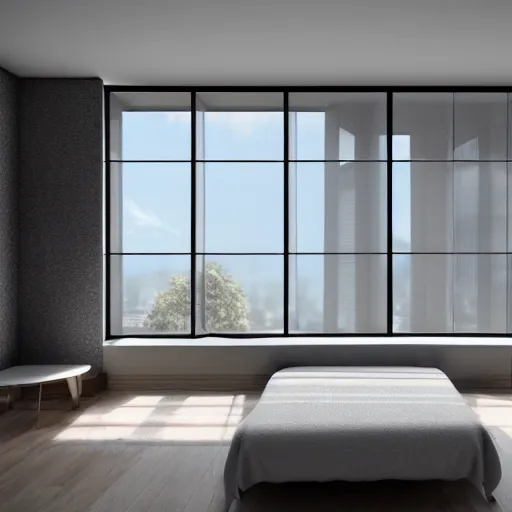 Image similar to brutalist bedroom, big windows, minimalist architecture, minimalist furniture, octane render, high quality, 8 k, post production