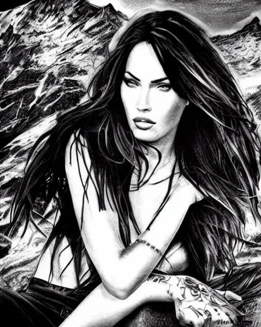 Image similar to realism tattoo design sketch of megan fox portrait blended with beautiful mountain scenery, in the style of dan mountford, double exposure photography, hyper realistic, amazing detail, black and white