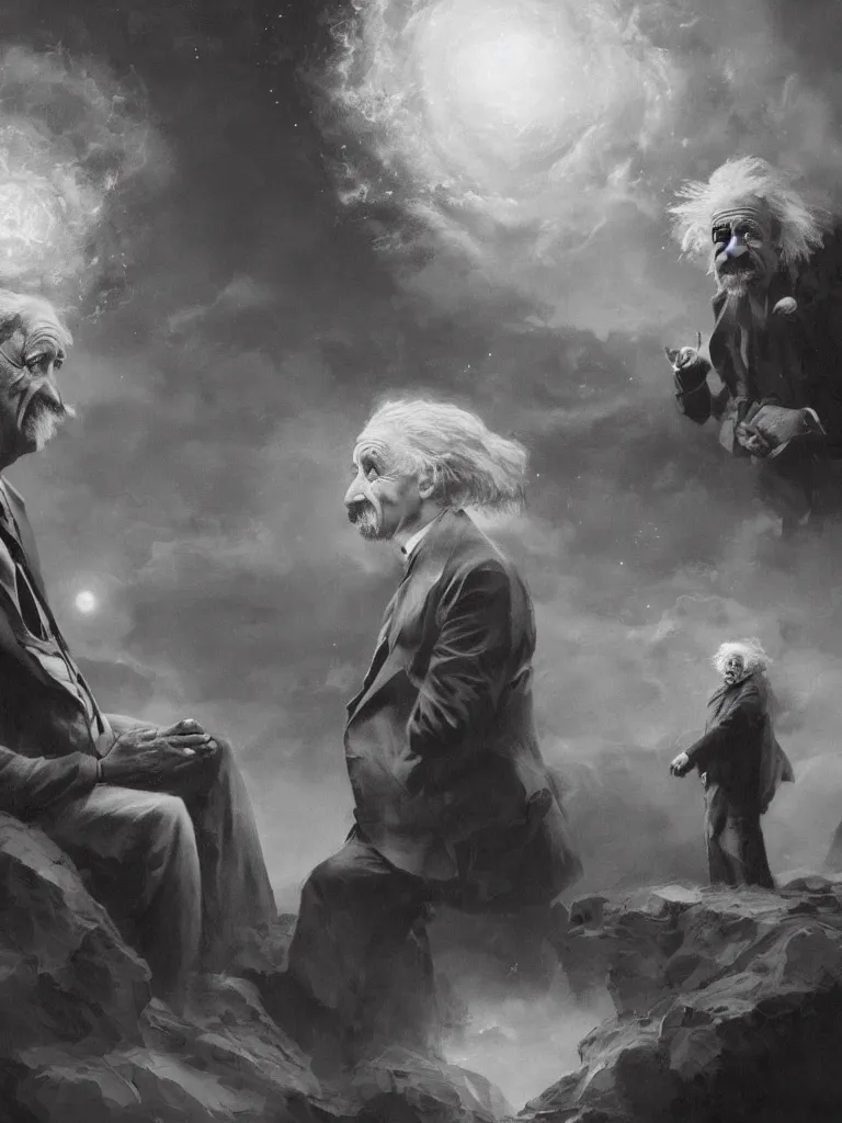 Image similar to Albert Einstein and Alan Watts having a metaphysical discussion, hyperdetailed artstation cgsociety by greg rutkowski and by Gustave Dore