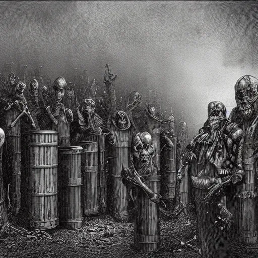 Image similar to 9 steel barrels in a cemetery of zombies, creepy atmosphere, dark, portrait, realistic, illustration by gustave dore