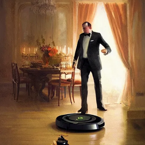 Prompt: A humble roomba butler attempts to serve food to guests at a fancy houseparty, 4k, trending on Artstation, art by Greg Rutkowski