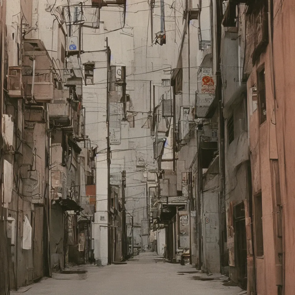 Prompt: photograph of a back alley in 1970s. kodak portra film.