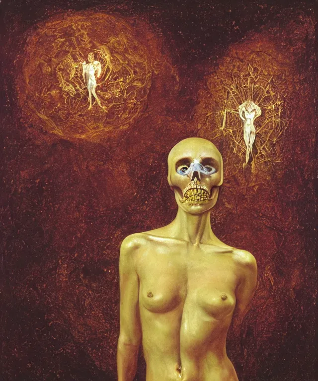 Image similar to Beautiful full-body wax sculpture of a glowing transparent woman with a skull face in glowing dress with visible gold bones covered with melted white wax inside the singularity where stars becoming baroque folds of dark matter by Michelangelo da Caravaggio, Nicola Samori, William Blake, Alex Grey and Beksinski, dramatic volumetric lighting, highly detailed oil painting, 8k, masterpiece