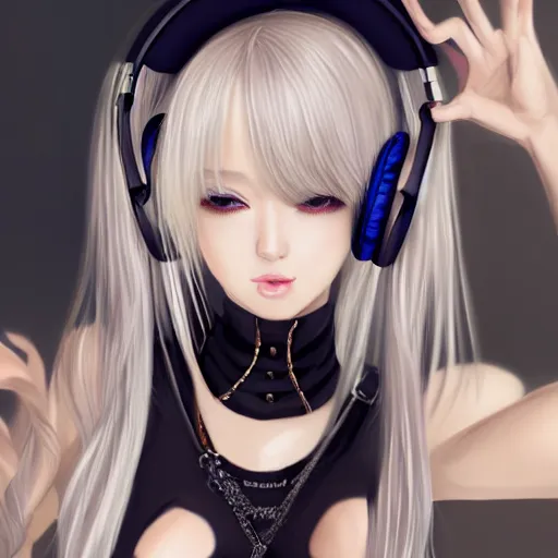 Image similar to realistic teasing detailed semirealism beautiful gorgeous cute Blackpink Lalisa Manoban white hair white cat ears blue eyes, wearing black camisole outfit, headphones, black leather choker full HD 4K high resolution quality WLOP, Aztodio, Taejune Kim, Guweiz, Pixiv, Instagram, Artstation