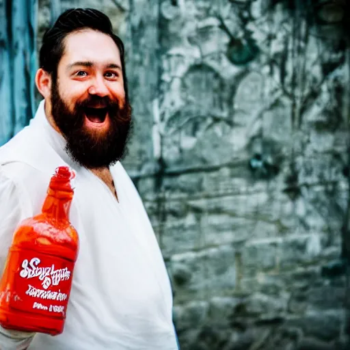 Image similar to man with short beard grinning sinisterly in a wedding dress holding a bottle of sriracha