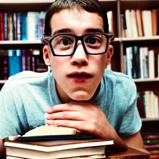 Prompt: the most annoying nerd 🤓 of all time adjusting his glasses, pimples on his face, buck tooth, sitting in front of a pile of books