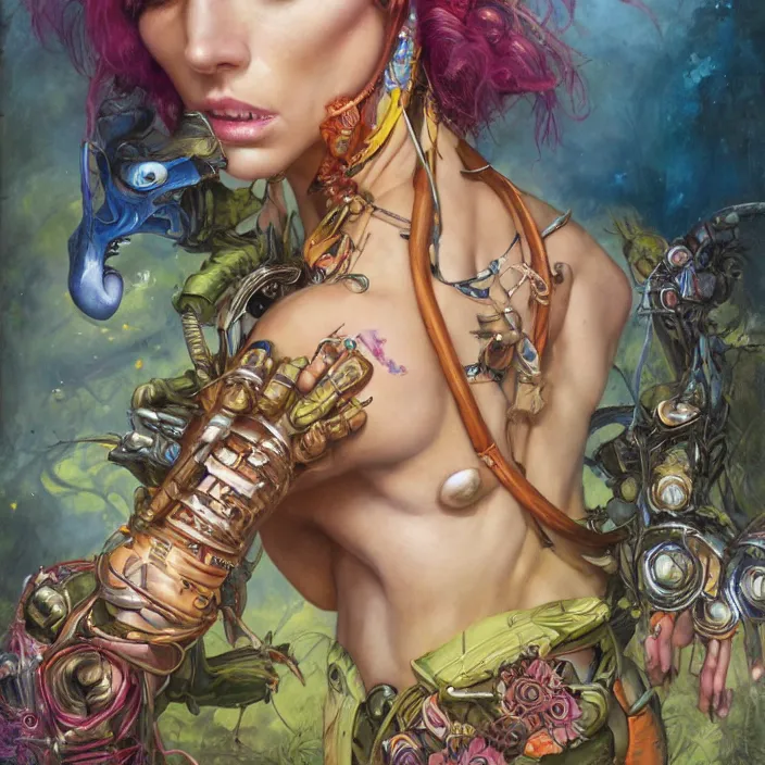 Prompt: a portrait photograph of a colorful tropical female alien. she wearing a tactical suit and has many body modifications. by tom bagshaw, donato giancola, hans holbein, walton ford, gaston bussiere, brian froud, peter mohrbacher and magali villeneuve. 8 k, fashion editorial, cgsociety