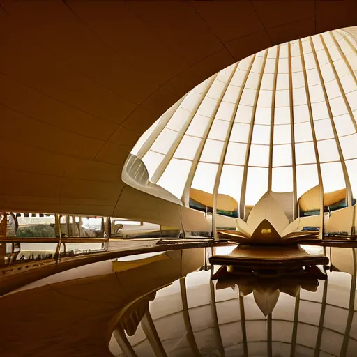 Image similar to interior of a futuristic lotus temple with gold, red and white marble panels, in the desert, by buckminster fuller and syd mead, intricate contemporary architecture, photo journalism, photography, cinematic, national geographic photoshoot