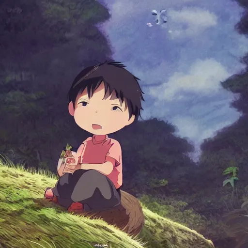 Prompt: friendly guy and small creature , with Fragile looking character portrait face made by Studio Ghibli highly detailed art, beautiful scene, sharp focus, smooth, 8k, anime art, wild, dark