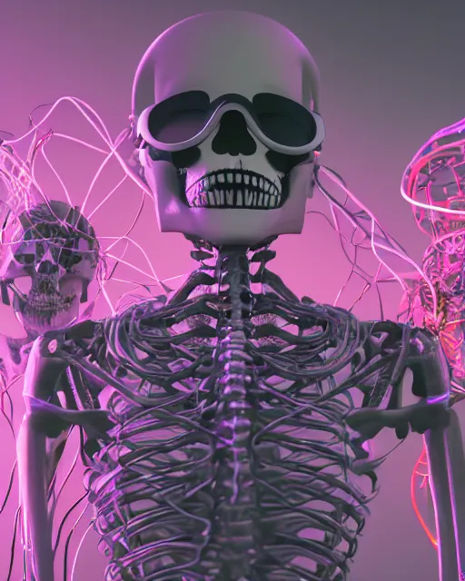 Image similar to cycles render of cyberpunk skull skeleton tethered to a bunch of wires and cords and chains wearing a vr oculus headset subsurface scattering by beeple