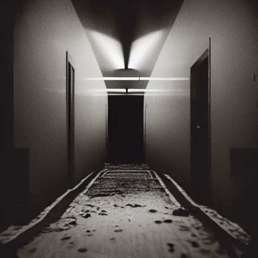 Image similar to photograph of an extremely dark narrow hallway with glowing humanoid cryptid made out of television static, dark deep black shadows, red and black color contrast in the style of trevor henderson, liminal space, 3 d octane render, glitch effect