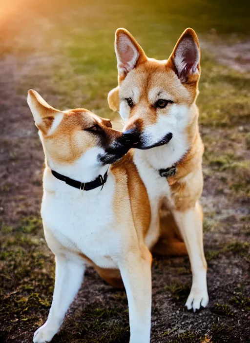 Image similar to photo of Shibu Inu smoking, 35mm, f/1.4, Golden Hour light, ,