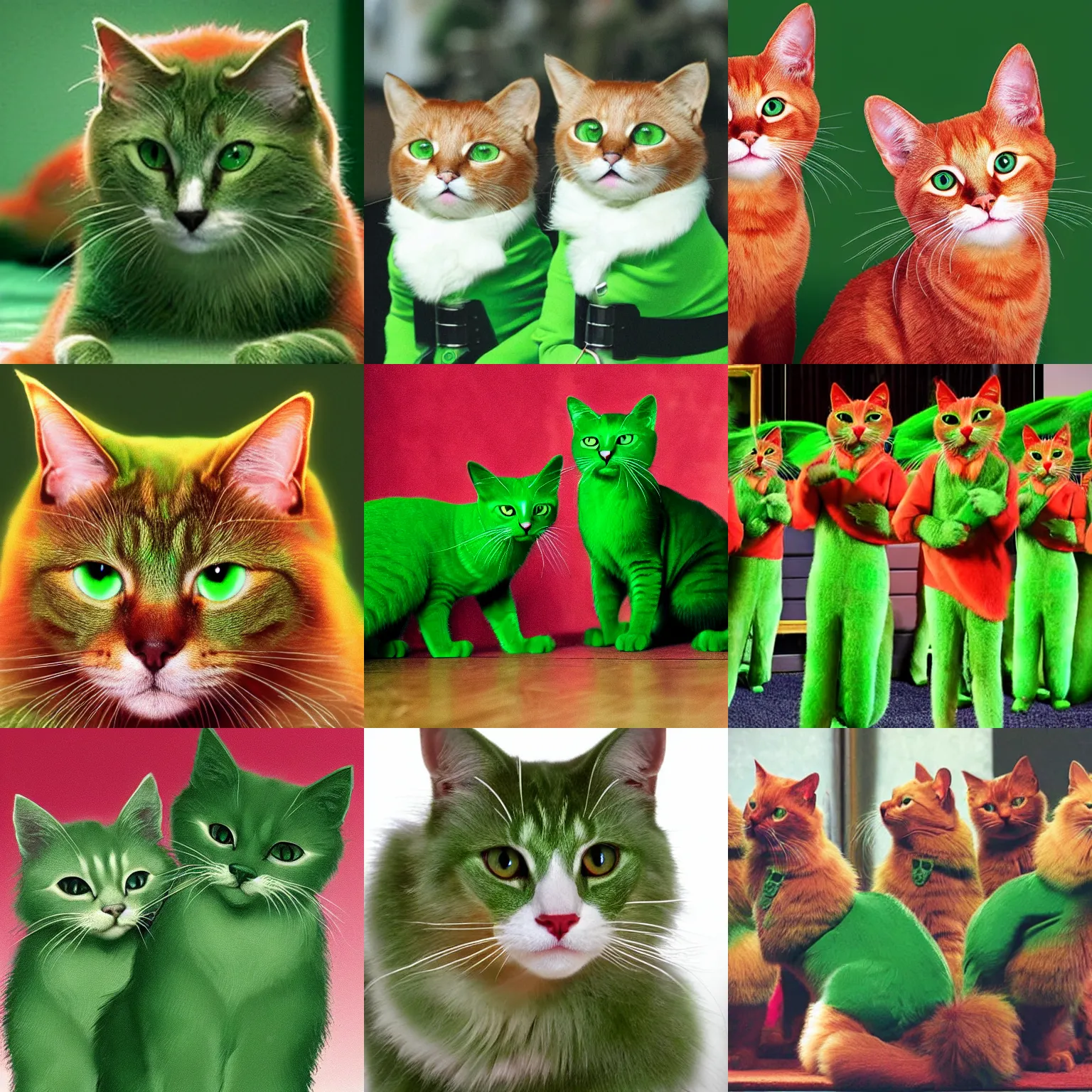 Prompt: Green cats that are actually red cats singing but not dancing