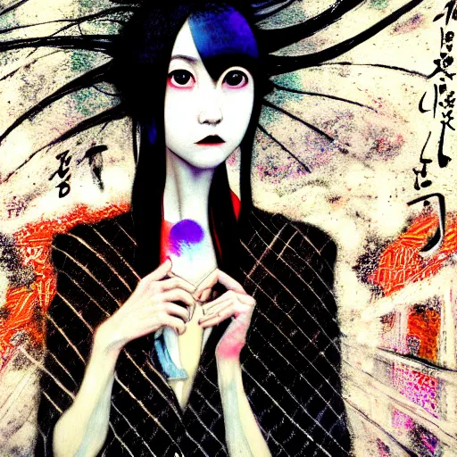 Image similar to yoshitaka amano blurred and dreamy realistic three quarter angle portrait of a young woman with black lipstick and black eyes wearing dress suit with tie, junji ito abstract patterns in the background, satoshi kon anime, noisy film grain effect, highly detailed, renaissance oil painting, weird portrait angle, blurred lost edges