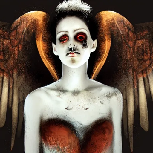 Prompt: the pale decaying beautiful girl with the most evil glowing wings