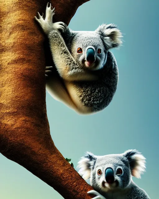 Image similar to movie still macro close photo of koala jumping from tree onto tourist, by weta disney pixar greg rutkowski wlop ilya kuvshinov rossdraws artgerm octane render iridescent, bright morning, liosh, mucha