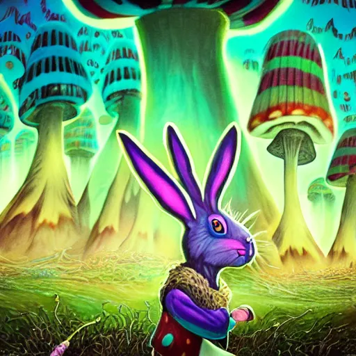 Image similar to 4 k headshot portrait of a psychedelic demonic anthropomorphic bunny rabbit with mushroom themed clothes, magic mushroom village in background by jeff easley, award winning, stylized neon, post - processing, masterpiece, superb resolution. in the art style of junji ito and greg rutkowski. detailed mushroom city in background. hyper realistic anime. perfect art. dalle 2