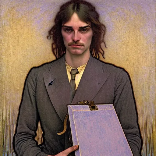 Image similar to realistic extremely detailed portrait painting of. an average. man with his. briefcase .in his. left hand . by Jean Delville, Amano, Yves Tanguy, Alphonse Mucha, Ernst Haeckel, Edward Robert Hughes, Roger Dean, pale muted pastel moody colors, gold eyes