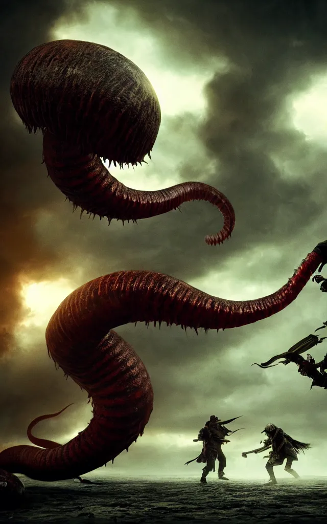 Prompt: pirates fighting giant screaming worm, cinematic atmosphere, maximized, high detail, 8k, ornate, dark fantasy, masterpiece, complex, film still from the movie directed by Denis Villeneuve