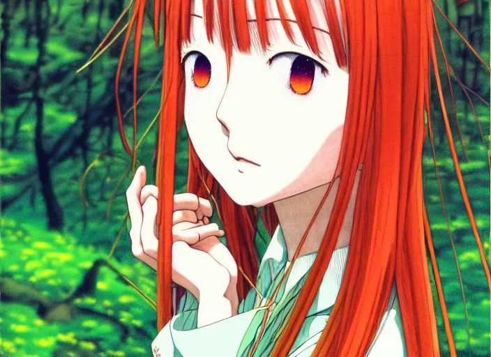 Prompt: portrait of a young forest girl, anime, shigeto koyama, narumi kakinouchi,jean giraud, manga, bright colors, beautiful, 28mm lens, vibrant high contrast, gradation, cinematic, rule of thirds, great composition, intricate, detailed, flat, matte print, sharp,clean lines,yoshitaka amano, murata range