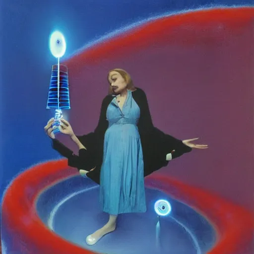 Image similar to A performance art. A rip in spacetime. Did this device in her hand open a portal to another dimension or reality?! warm blue by Robert Williams unified, depressing