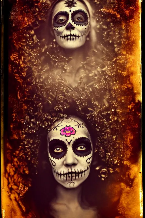 Image similar to tintype, ecstasy of saint teresa in dia de muertos dress and make up, horrific beautiful vibe, evocative, atmospheric lighting, painted, intricate, highly detailed, leesha hannigan, wayne haag, reyna rochin, ignacio fernandez rios, mark ryden, iris van herpen, stunning, gorgeous, sharp focus, cinematic, masterpiece