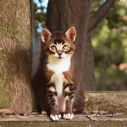 Prompt: A very angry brown kitten is sitting. A window looking out at the trees can be seen in the background. Dramatic lighting. Very detailed 85mm shot, 4K.