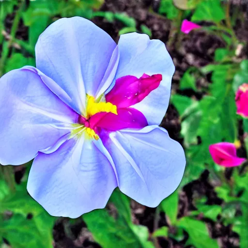 Prompt: morning glory, a flower with pink petals and yellow stem, radial symmetry, water color with limited color palete