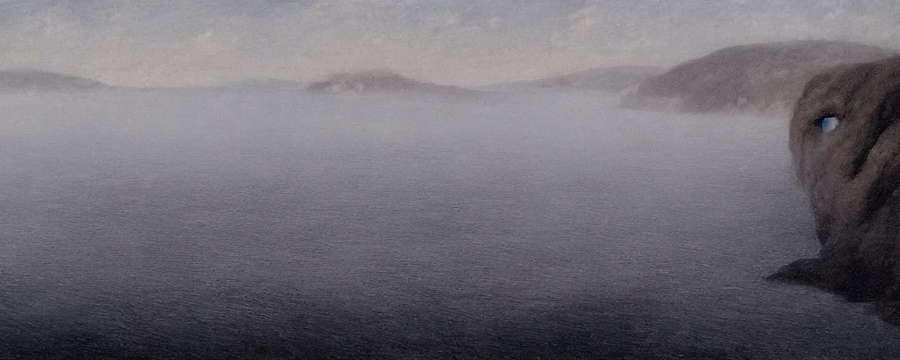 Prompt: misty black cliffs over steamy water by Fernand Khnopff, matte painting