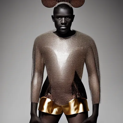 Image similar to a beautiful young haitian male wearing iris van herpen mickey mouse couture, photographed by erwin olaf