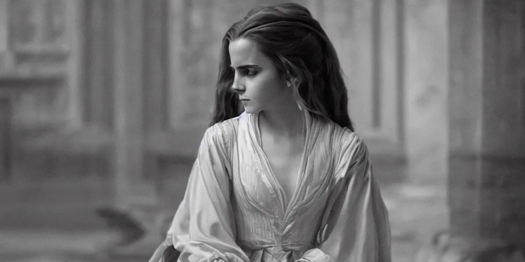 Prompt: Emma Watson long hair flowing robes baroque room cinematic lighting stanley kubrick barry lyndon Canon eos M50 50mm