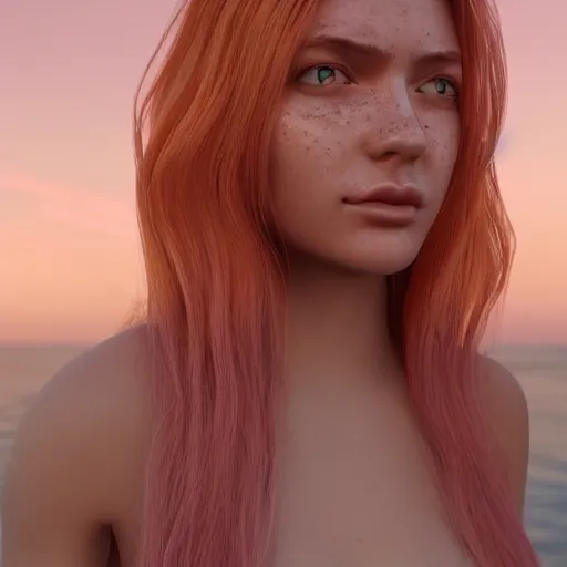 Image similar to Render of a beautiful 3d marbles with long pink hair, hazel eyes, cute freckles, full round face, golden hour, serene beach setting, medium shot, mid-shot, hyperdetailed, trending on Artstation, Unreal Engine 4k