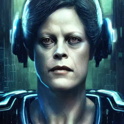 Prompt: sigourney weaver as molly millions, neuromancer, a young beautiful woman, mirror eye implants, cyberpunk, high detail, dramatic light, digital art, dark, promotional art painted by seb mckinnon and greg rutkowski, trending on artstation