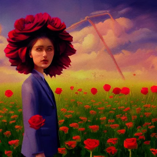 Image similar to closeup, giant rose flower head, frontal, girl in a suit, surreal photography, sunrise, blue sky, dramatic light, impressionist painting, digital painting, artstation, simon stalenhag